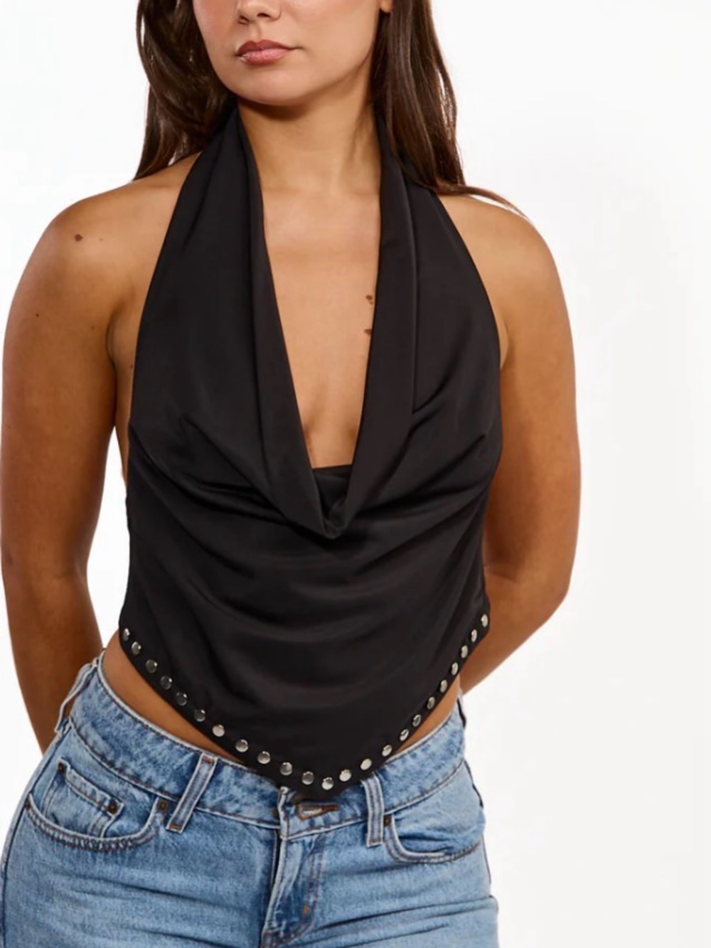 Zara Black Label Drape Cowl Neck Studded Buckle Halter Top XS Fits S M also